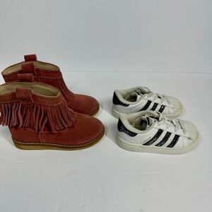 2 Pair Toddler Shoes- Elephantito Fringe Boots Sz 8,Adidas Superstar Shoes Sz 6K